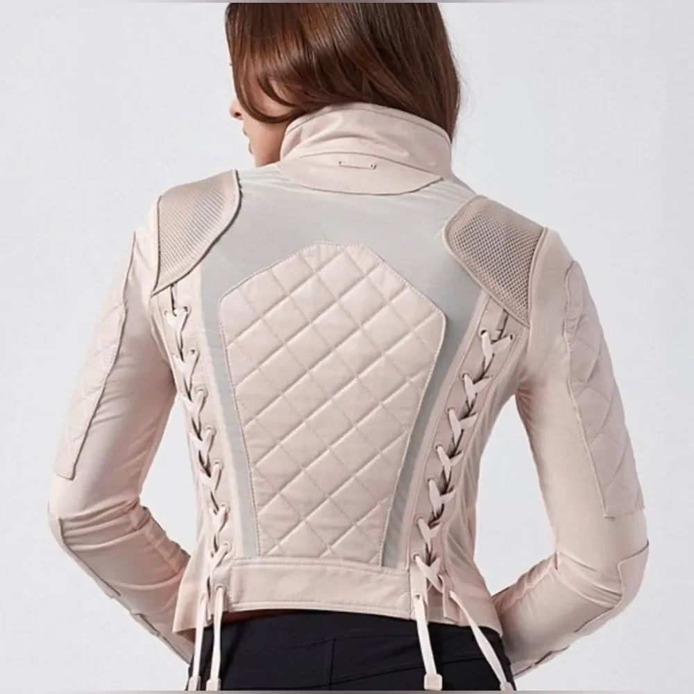 blanc noir Light Pink Quilted Lace-Up Moto Jacket; Size Med. 100% leather shell